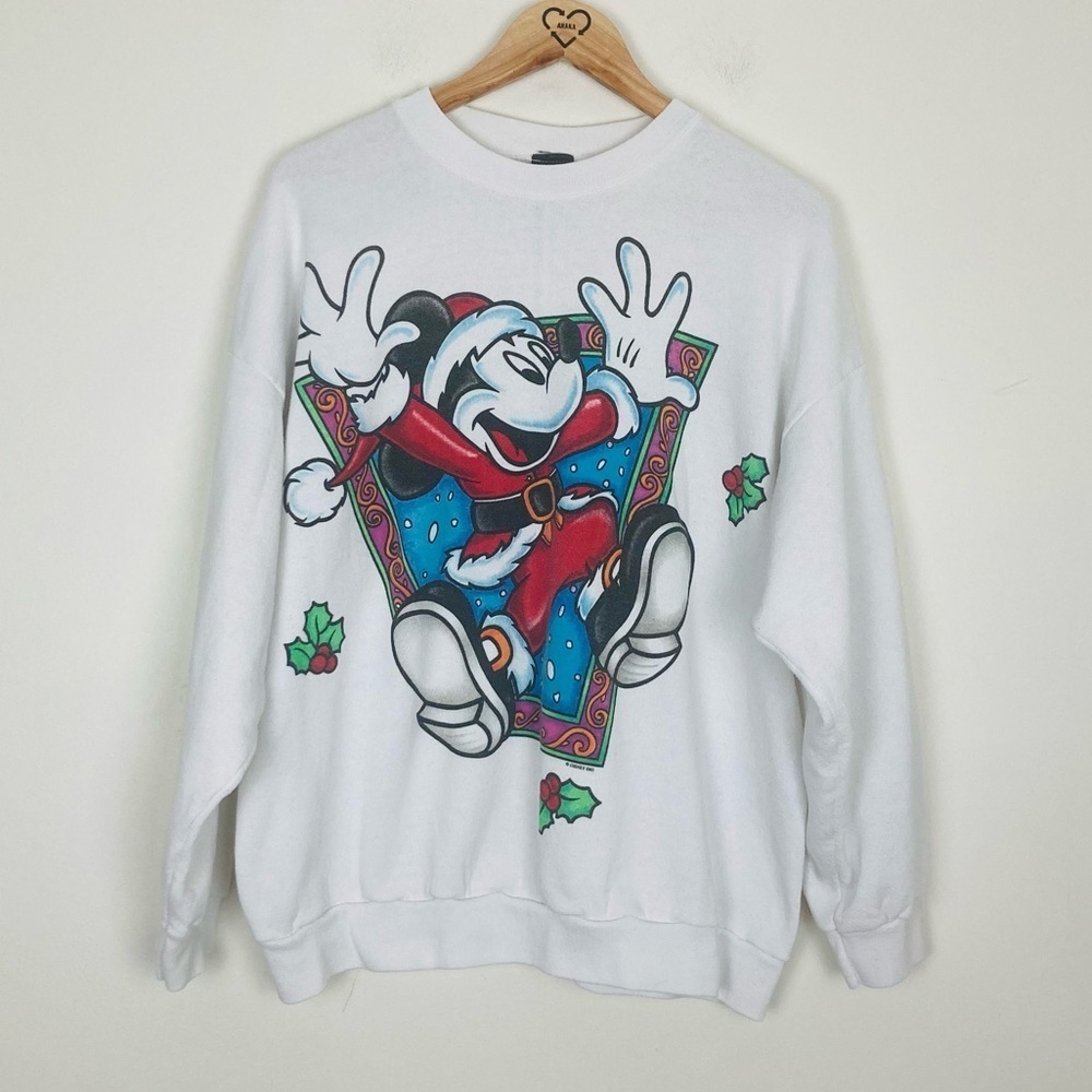 Vintage made in USA Mickey Unlimited Christmas themed white sweater shirt. Est M